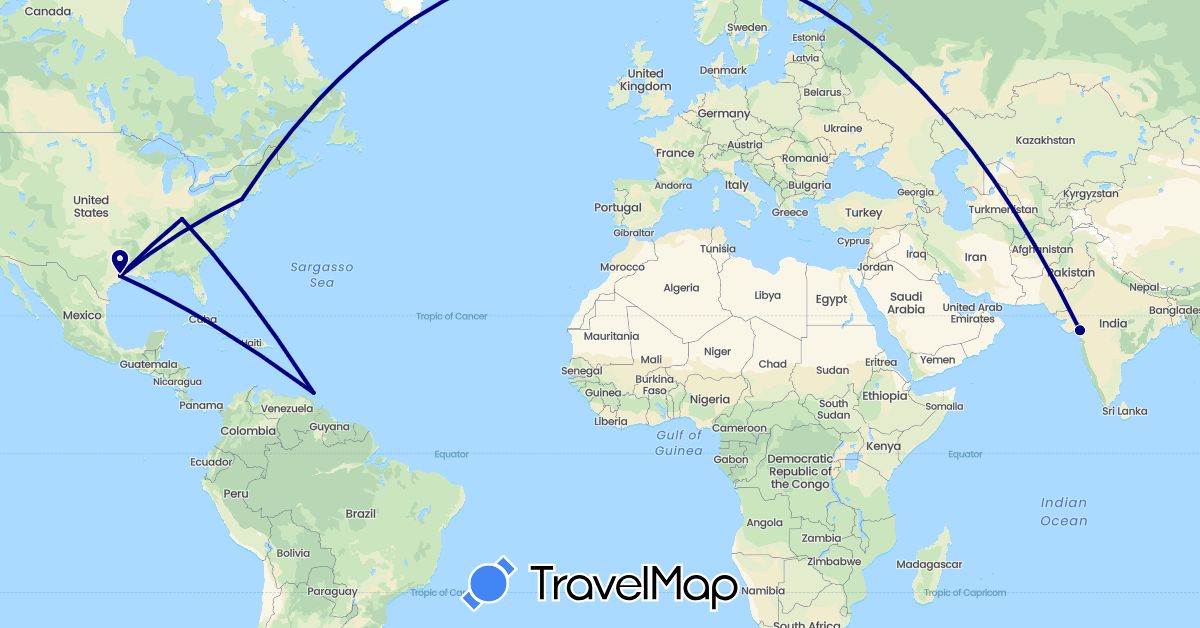 TravelMap itinerary: driving in India, Trinidad and Tobago, United States (Asia, North America)